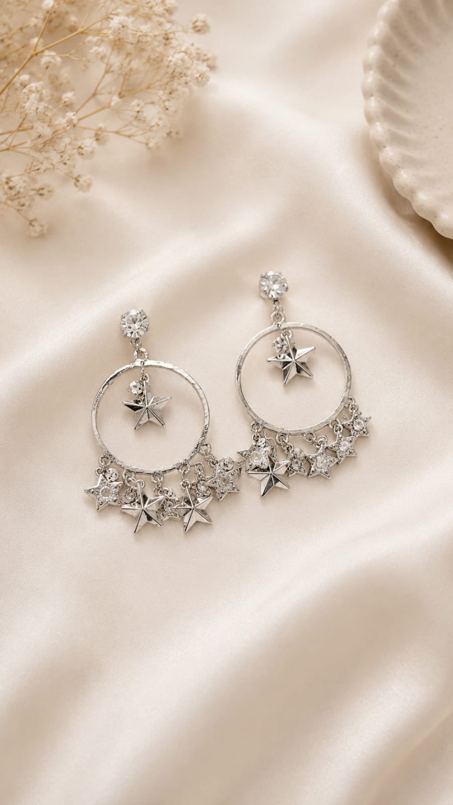 Celestial Silver Star Hoop Dangle Earrings